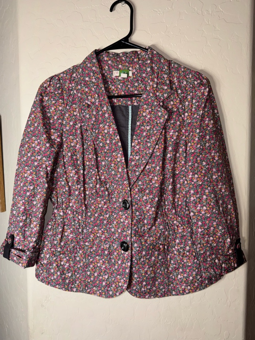 ETT twa Floral Cotton Blazer Jacket Tie Back Ruched Sleeve Cottagecore 6
